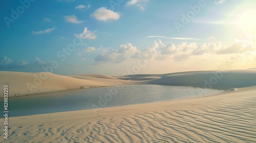 Lencois Maranhenses National Park. A dazzling landscape of dunes and rain lakes. Natural rainwater pool in white sand desert. Nature and travel concept.