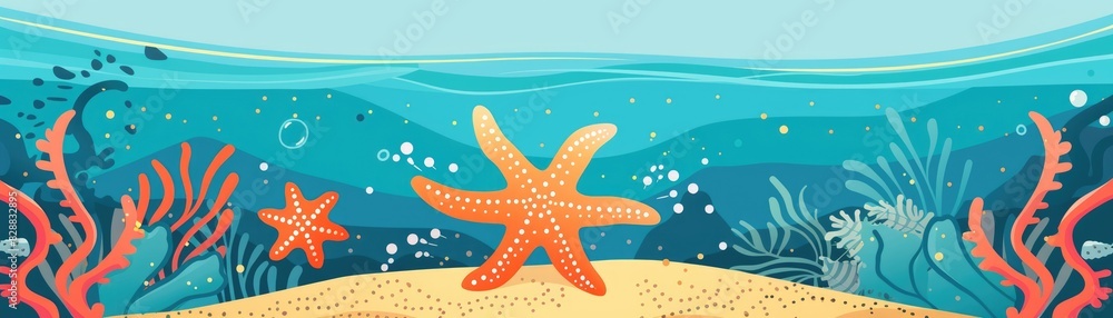 Starfish flat design side view with a tidal pool theme cartoon drawing Tetradic color scheme