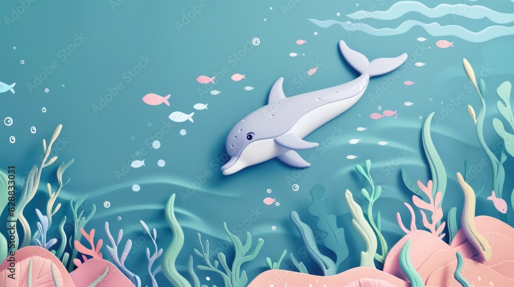 Dolphin flat design top view with an ocean theme cartoon drawing colored pastel