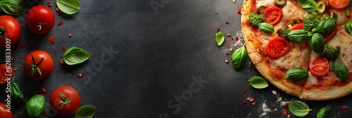 A mouthwatering pizza topped with tomatoes, basil, and cheese, on a dark textured background with space for text photo