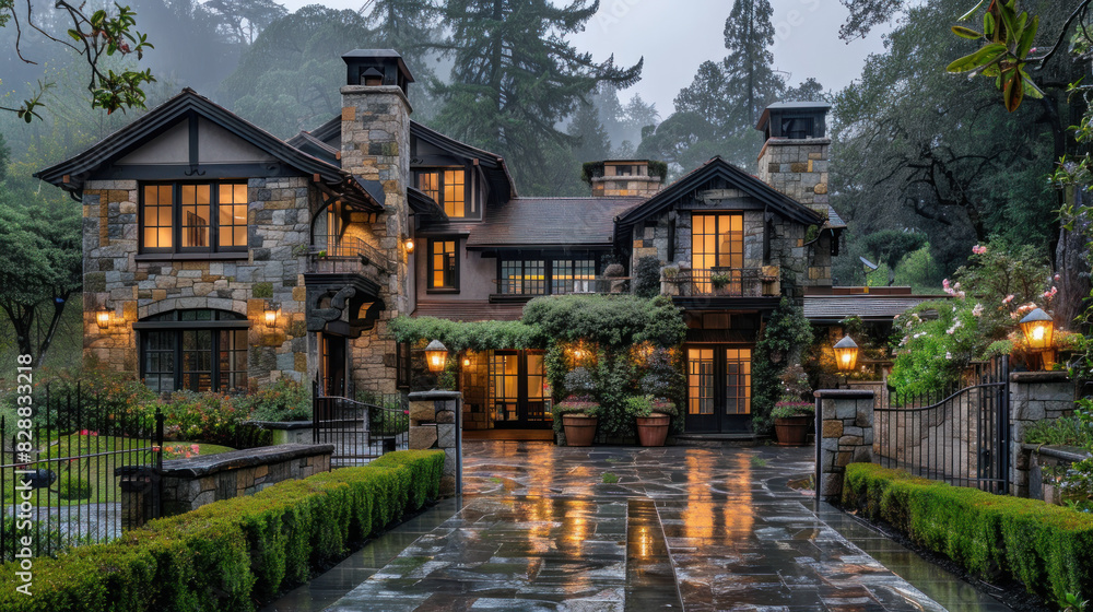 A Country-style duplex villa with an oversized yard. Jane European style five-color stone structure house,The scene includes ethereal cliffs and woods in the background. A Country-style duplex villa with an oversized yard. Jane European style five-color stone structure house,The scene includes ethereal cliffs and woods in the background.