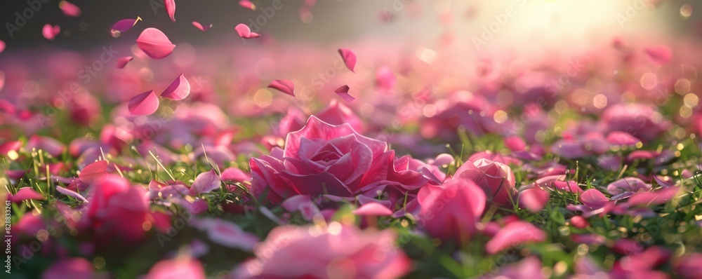 Pink rose petals gently falling to the ground focus on, nature, ethereal, Multilayer, meadow
