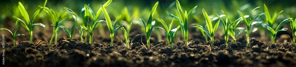 A row of young Sorghum sprouts are growing in the soil, with their roots visible and surrounded by lush green grass. A row of young Sorghum sprouts are growing in the soil, with their roots visible and surrounded by lush green grass.