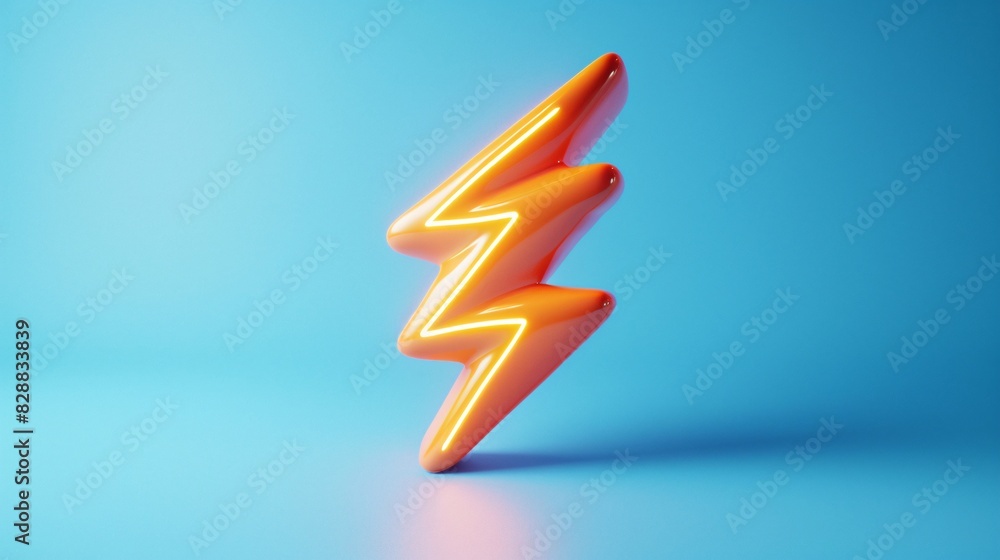 3D Rendered Neon Orange Lightning Bolt on Blue Background
