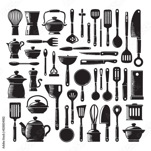 Silhouette set of kitchen tools. Vector isolated illustration