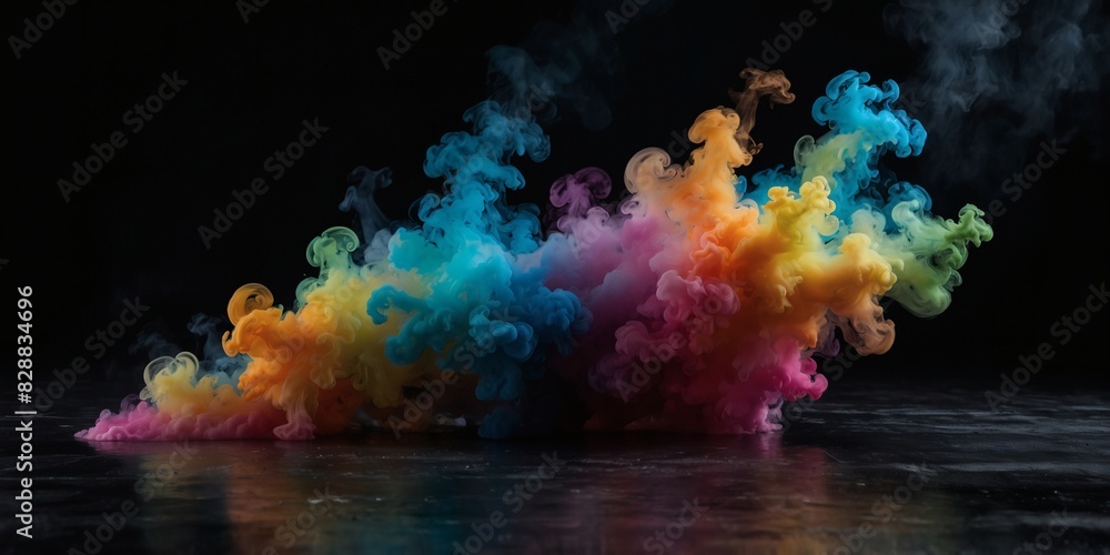 Swirling colored smoke pooling on the floor, contrasting against a deep black backdrop, creating a misty fog effect.