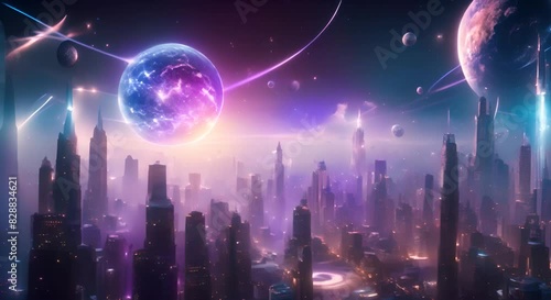 Futuristic cosmic animation with deep space galaxy and futuristic cityscape on planet Bright cosmic animation with illustrations transformations music visualization concept video photo