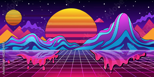 Vivid retro-futuristic landscape with bright sunshine behind the purple mountains under the starry sky. A grid extends into the horizon, melting into fluid forms with pink tints around the edges.AI ge