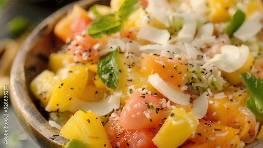 A colorful fruit salad bursting with vibrant chunks of papaya mango pineapple and shredded coconut. A colorful fruit salad bursting with vibrant chunks of papaya mango pineapple and shredded coconut.