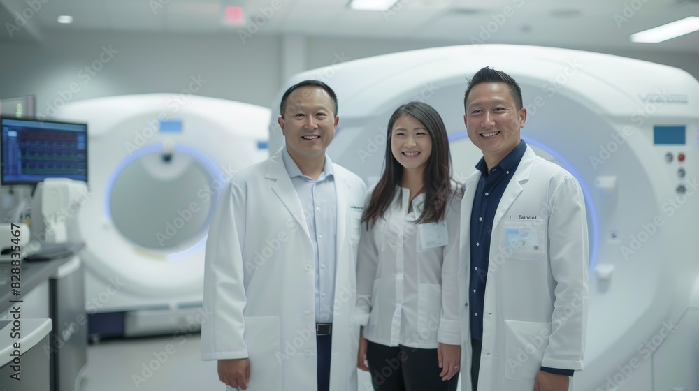 Obraz premium Radiologists Team Smiling in High-tech Medical Imaging Room. Generative ai