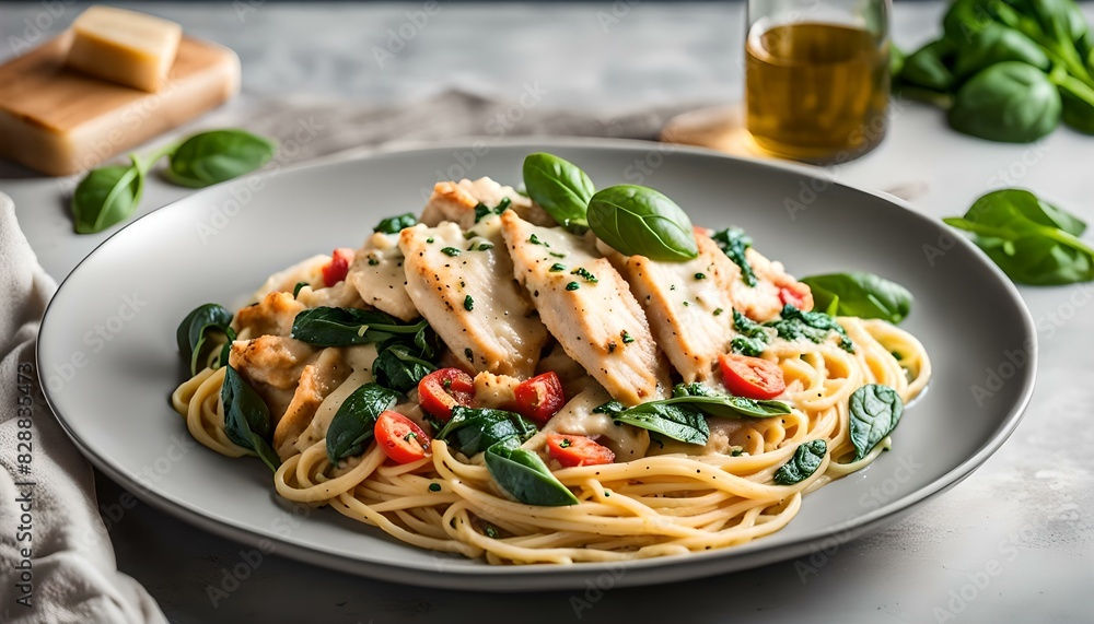 Homemade Creamy Tuscan Chicken with Spinach and Spaghetti Pasta, side view.
Homemade Creamy Tuscan Chicken with Spinach and Spaghetti Pasta, side view.