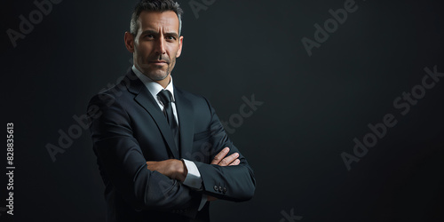 A mature businessman stands confidently with arms crossed, dressed in formal attire, against a dark background, symbolizing experience and professional authority. © Armin