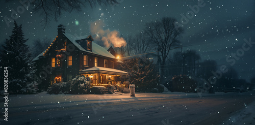 A classic winter scene of a historic home at night, snow falls and the fireplace is roaring, chimney smoke. A Currier and Ives inspired winter holiday vignette, widescreen, street, gentle, cozy