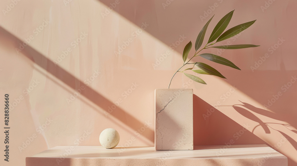 Fototapeta premium A vase with a leaf in it sits on a shelf next to a white ball