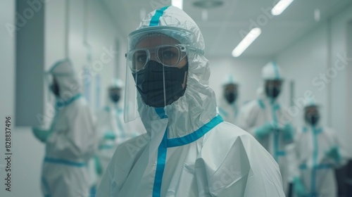 Worker in protective suit monitoring thinfilm solar panel production in cleanroom photo