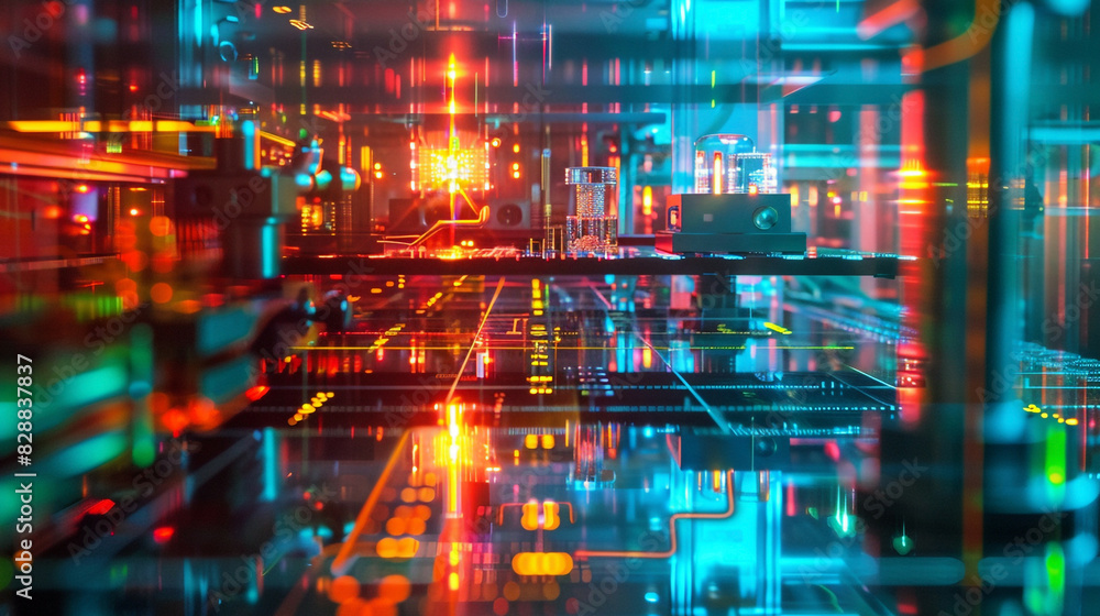 Fototapeta premium Reflection Photo of Quantum Computing Experiment, in a Scientific Laboratory, with Glass Surfaces and Neon Lights, from a Reflective Angle, Symbolizing Insight and Innovation