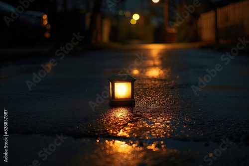 a street lamp on a wet road at night © Sergei
