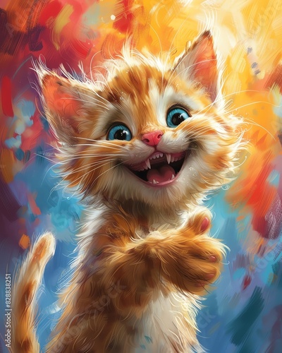 A cute and colorful cat smiles and gives a thumbs up. The cat has bright blue eyes, orange fur, and a pink nose. The background is a rainbow of colors. © Mind