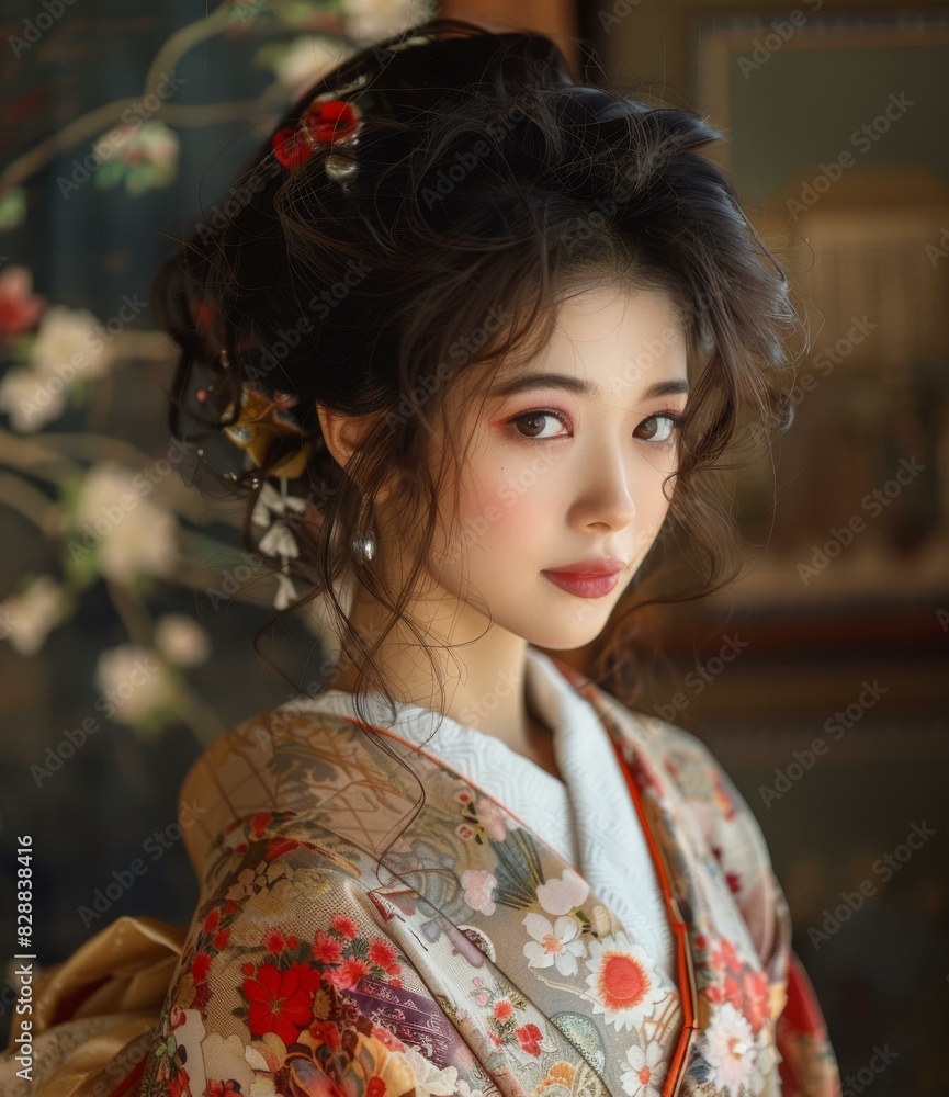 Portrait of a beautiful Asian woman in traditional Japanese kimono Portrait of a beautiful Asian woman in traditional Japanese kimono