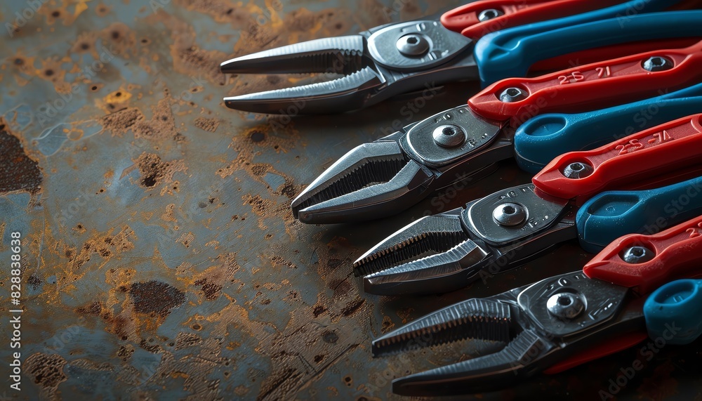 Fototapeta premium Close-up of a set of pliers with red and blue handles arranged on a rusty metal surface, showcasing various types of pliers.