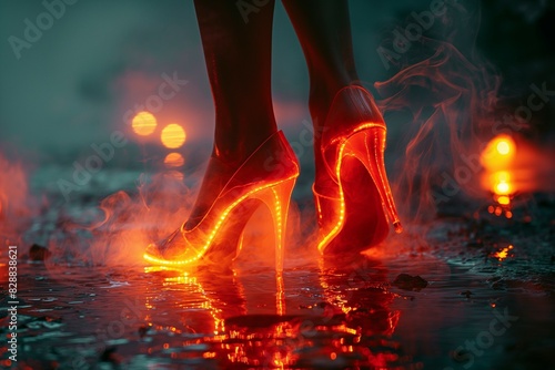person in an orange, glowing high heel shoes standing on the city street at night. 