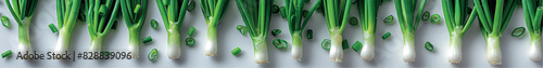 Fresh green onions on a white background with space for text banner, cover, print. Finely chopped green onions, greens for salads and dishes, spices. Culinary background. Spring greens salad.	