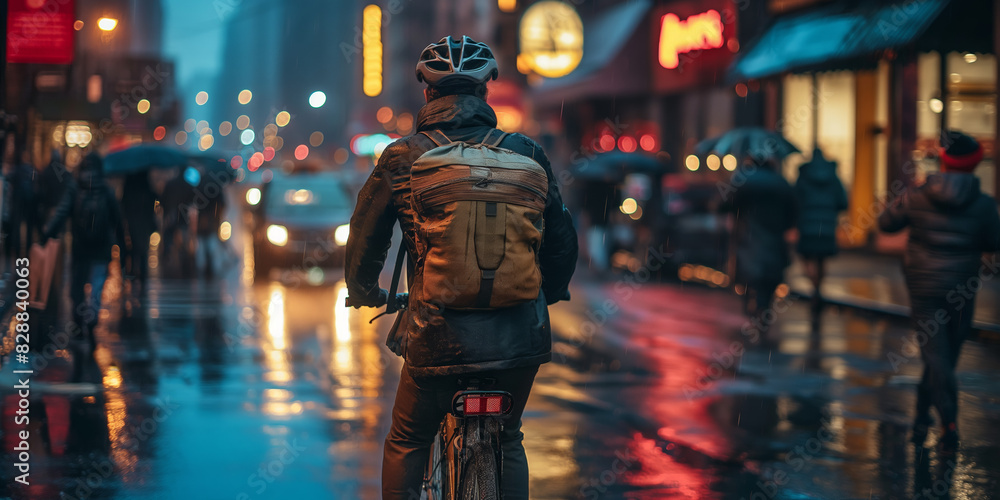 A cyclist wearing a backpack rides through the busy, rain-soaked streets of a city at night, illuminated by the vibrant lights of shops and vehicles on a wet pavement. A cyclist wearing a backpack rides through the busy, rain-soaked streets of a city at night, illuminated by the vibrant lights of shops and vehicles on a wet pavement.