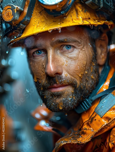 Portrait of a rugged worker with a beard, wearing rain-soaked gear, showcasing determination in a challenging environment. photo