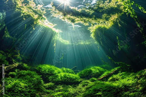 the sun shining through the water in a forest