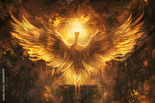 Majestic Phoenix Rising  Golden Light  Wings Outstretched  Symbolizing Freedom from Decaying  Judgmental Past Structure