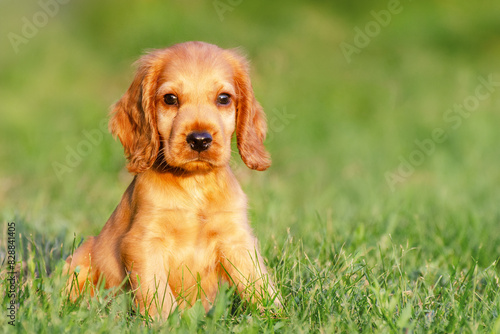 English cocker spaniel dog. Portrait of cute puppy on a grass background. © imartsenyuk