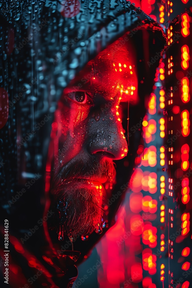 Man in a dark hoodie surrounded by red digital code, portraying a hacker or cyber security theme. High tech and futuristic concept photography. Man in a dark hoodie surrounded by red digital code, portraying a hacker or cyber security theme. High tech and futuristic concept photography.