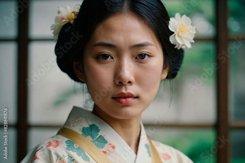 Elegant Close-Up Portrait of a Beautiful Young Traditional Japanese Woman photo