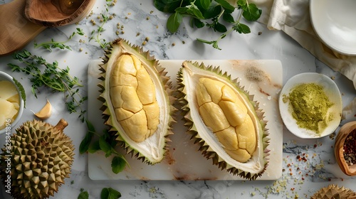 Tantalizing Durian Halves on Marble A Culinary Adventure into Southeast Asias Exotic Fruit Delicacy Generative ai photo