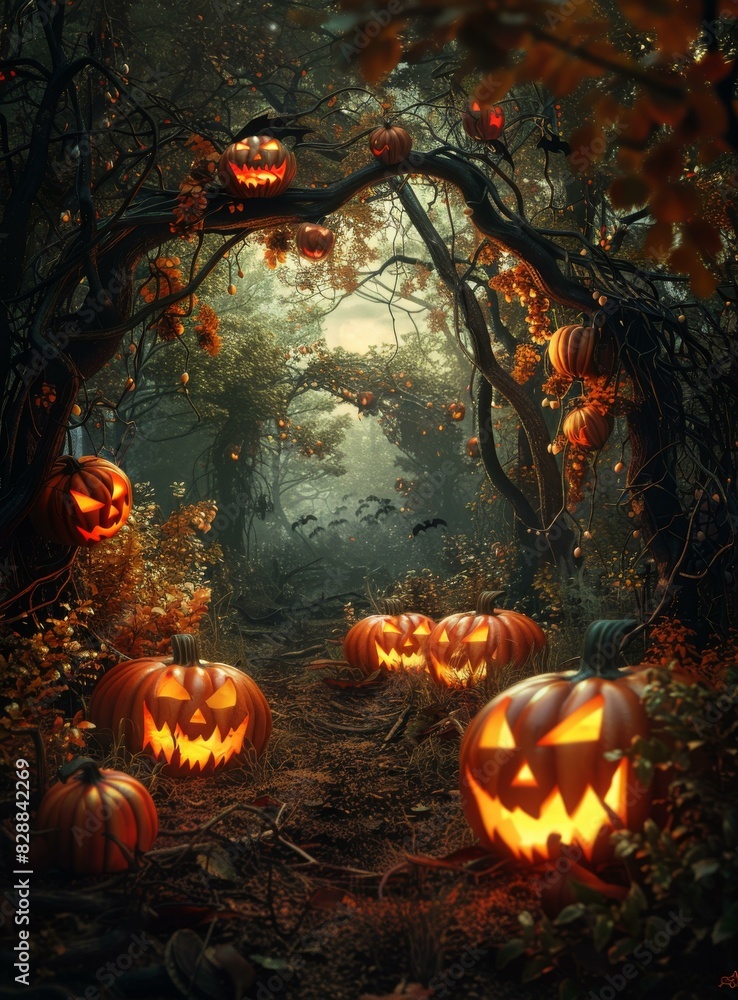 Fototapeta premium Spooky Pumpkin Forest - Halloween Night