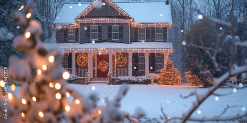 A charming two-story house adorned with Christmas lights and a blanket of snow, offering a cozy and festive holiday scene photo