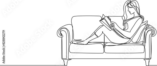 continuous single line drawing of woman relaxing on sofa while reading a book, line art vector illustration