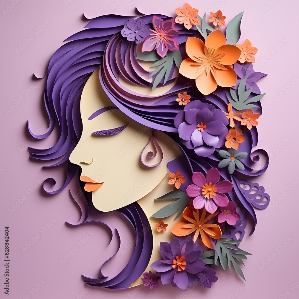 Naklejka premium A beautiful woman face with flowers. Paper cut style. Generative AI.