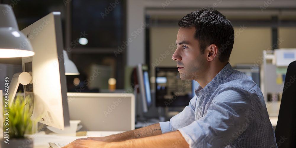 Fototapeta premium A professional seen working late at night in a quiet office, focusing intently on the computer screen amidst the glow of desk lights and illuminated screens, reflecting dedication.