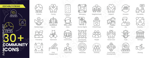 Community Stroke icon collections. Containing people, friendship, social, diversity, village, relationships, support and community development icons. Editable Stroke icon collection.
