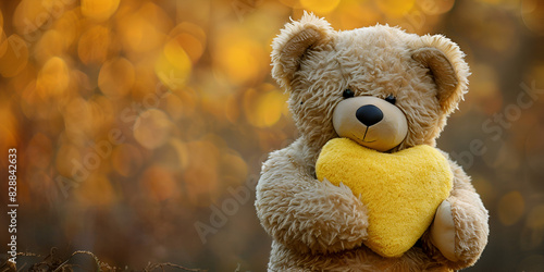 A teddy bear holding a yellow heart sits in front of an autumnal background © Muhammad