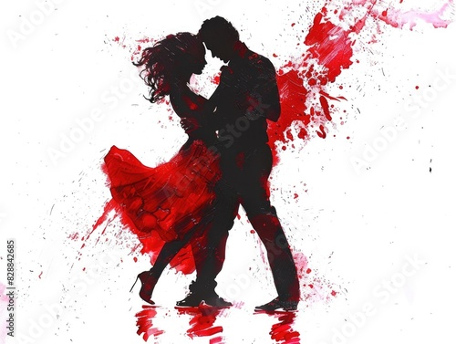 Passionate Tango Dance Silhouette with Red Splatter Background