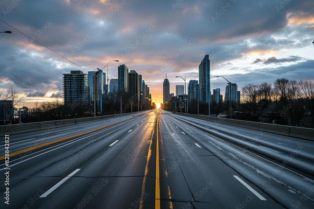 Empty highways skylines, A photo of an Empty asphalt road and a modern city, AI generated