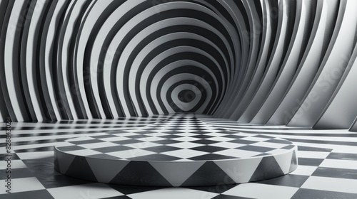 Wallpaper Mural Abstract black and white geometric interior with circular and checkerboard patterns, creating a hypnotic and futuristic visual effect. Torontodigital.ca