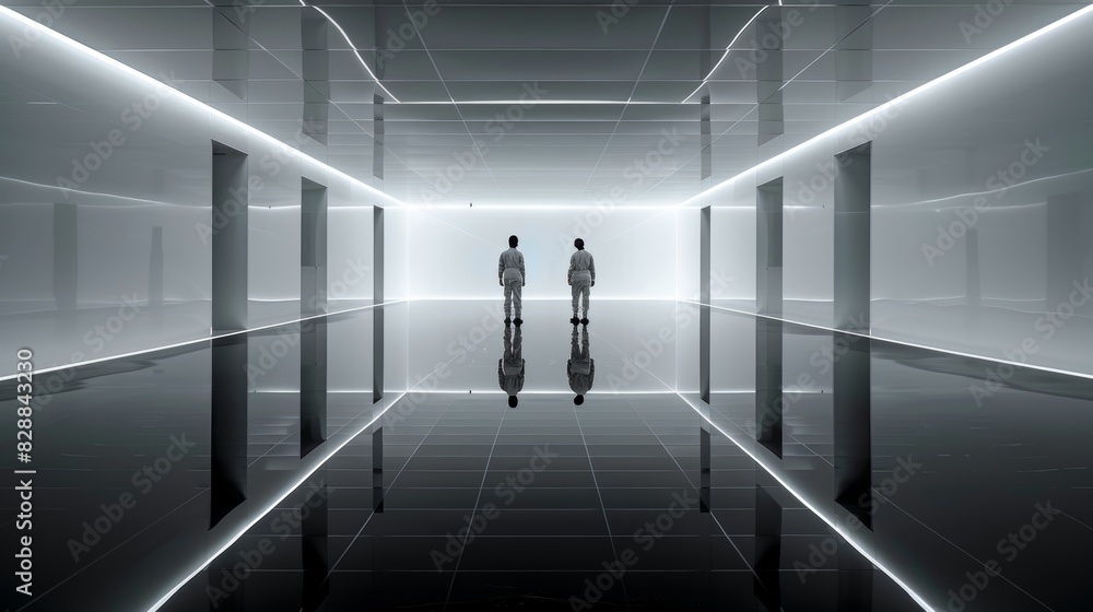 Worker in protective suit monitoring thin-film solar panel production process in cleanroom facility Worker in protective suit monitoring thin-film solar panel production process in cleanroom facility