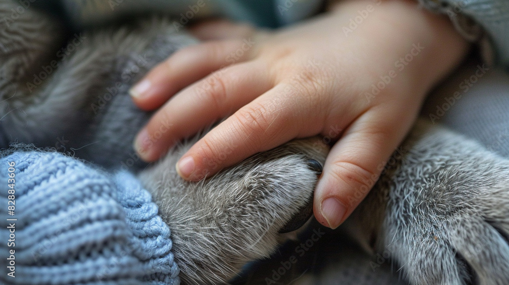 Fototapeta premium A macro shot of a family petâs paw resting in a childâs hand, showing a tender moment of bonding.