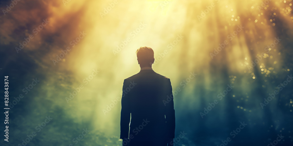 A person in a suit stands with their back to the camera, bathed in bright, golden light, symbolizing inspiration, enlightenment, or a moment of realization. A person in a suit stands with their back to the camera, bathed in bright, golden light, symbolizing inspiration, enlightenment, or a moment of realization.