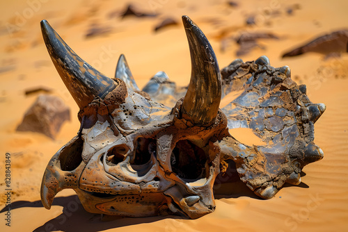 Weathered Triceratops Skull: Raw Strength and Resilience Resting on Desert Sand