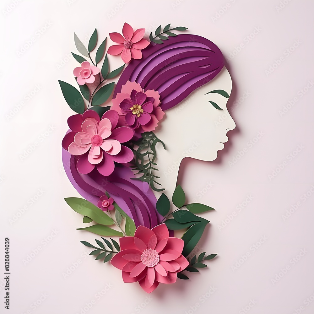 A beautiful woman face with flowers. Paper cut style. Generative AI. A beautiful woman face with flowers. Paper cut style. Generative AI.