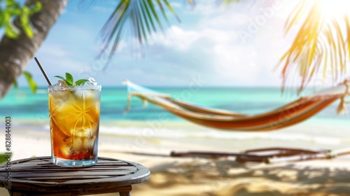 Tropical Beach Vacation with Refreshing Iced Drink and Hammock